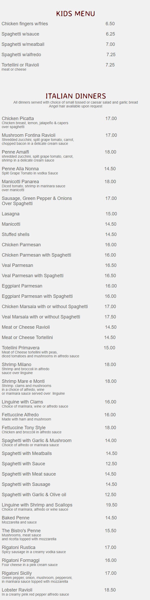 Salt and Pepper Italian Bistro and Pizza Menu Lancaster PA