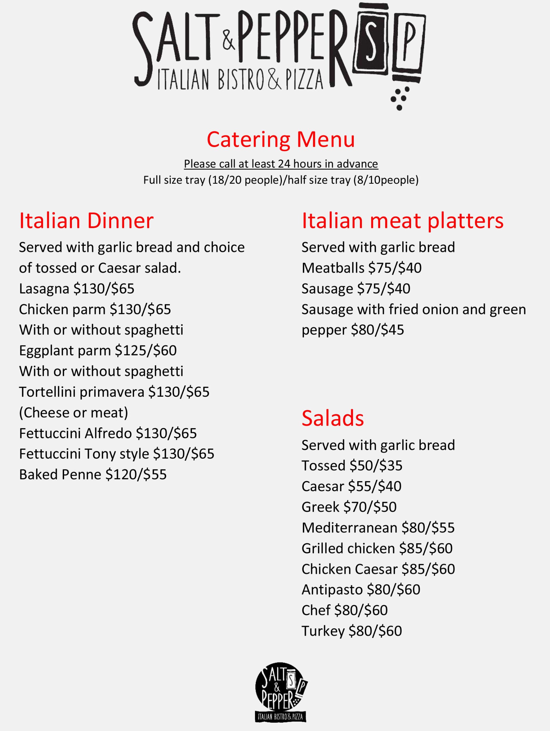Salt and Pepper Italian Bistro and Pizza Catering Menu
