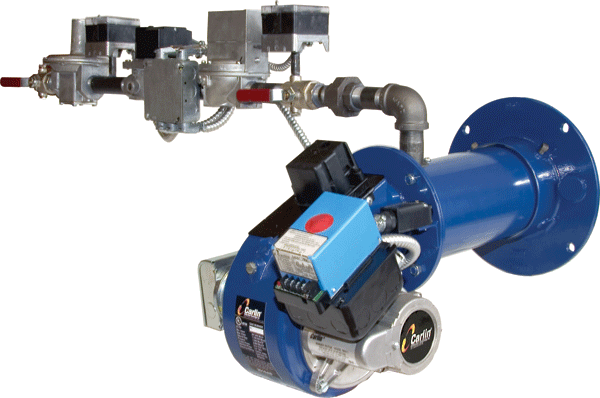 Blue industrial gas burner with connected components.