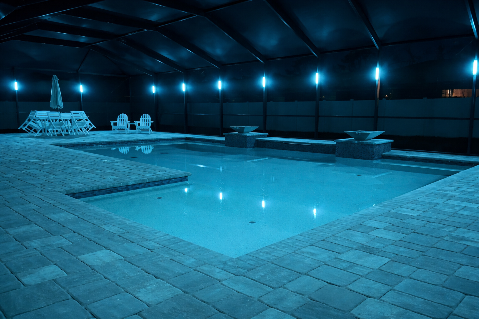 Pool area illuminated with blue lights at night. A covered structure and a dark surrounding.