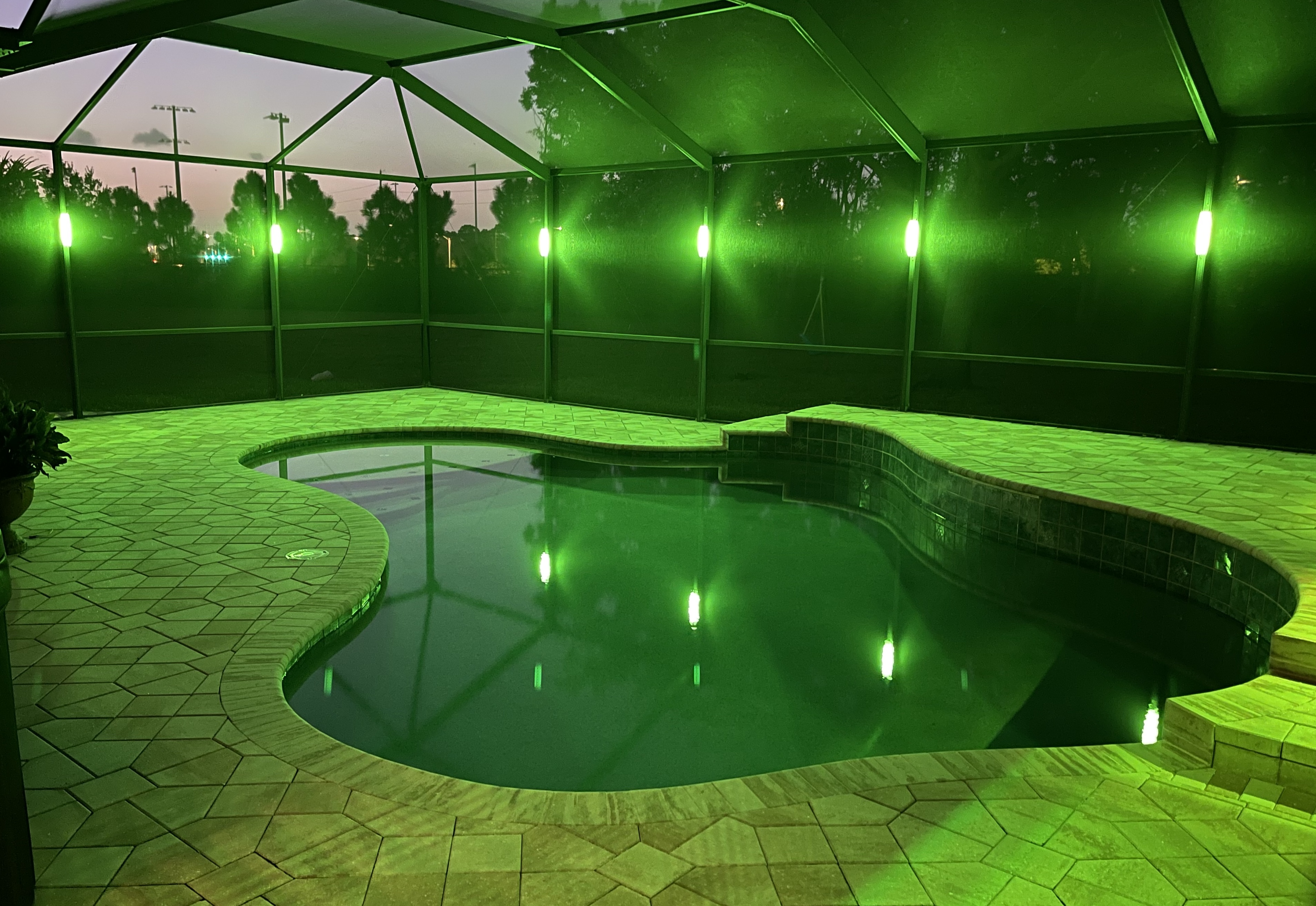 Purple LED lights illuminate a screened-in pool patio roof.