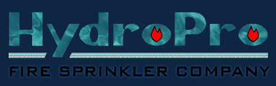 HydroPro Fire Sprinkler Company logo on a blue background, with flames in the &ldquo;o&rdquo; of Pro.