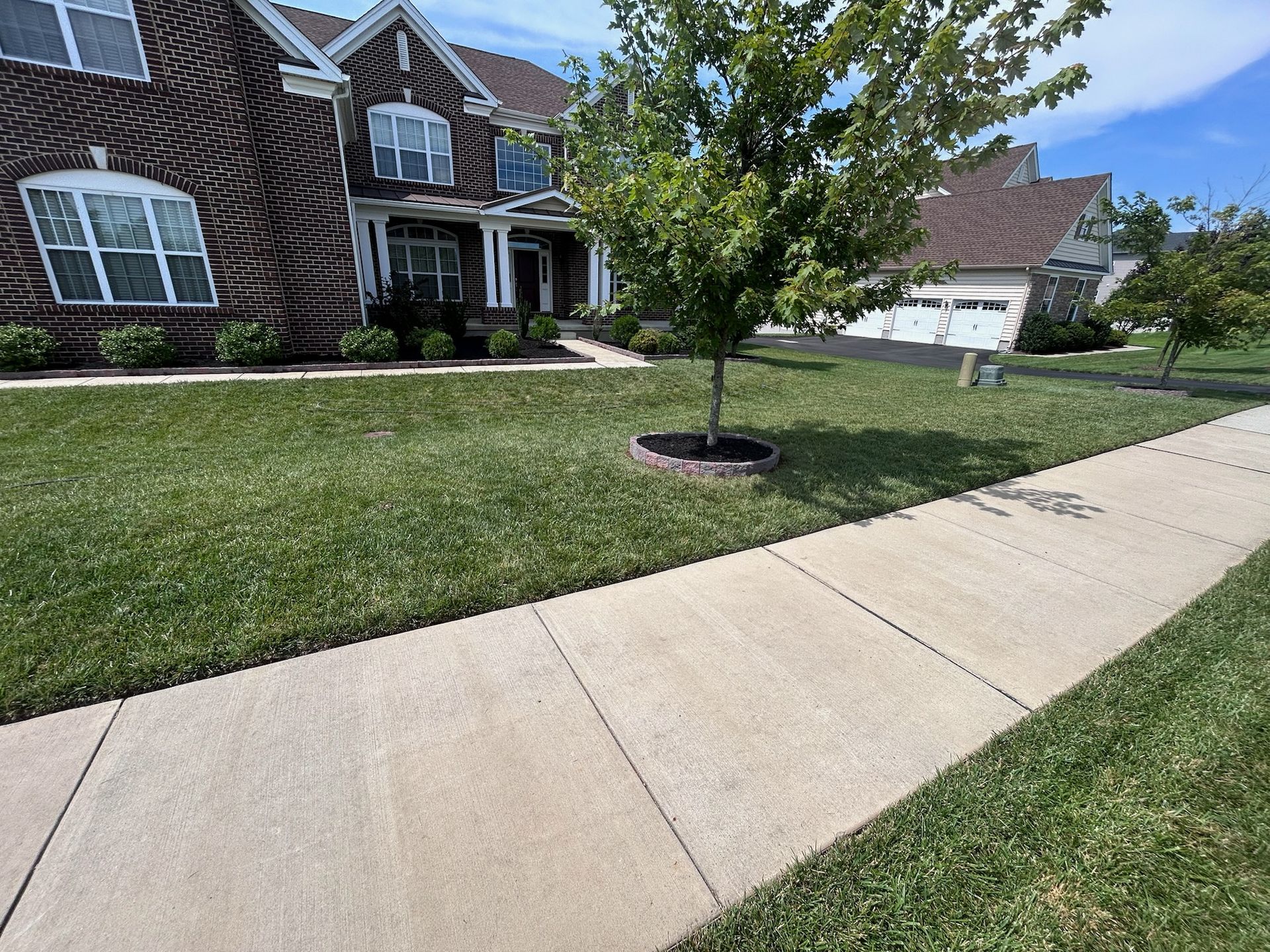A paved sidewalk leads past a grassy lawn toward a brick house with a white-trimmed front entrance and a small tree.