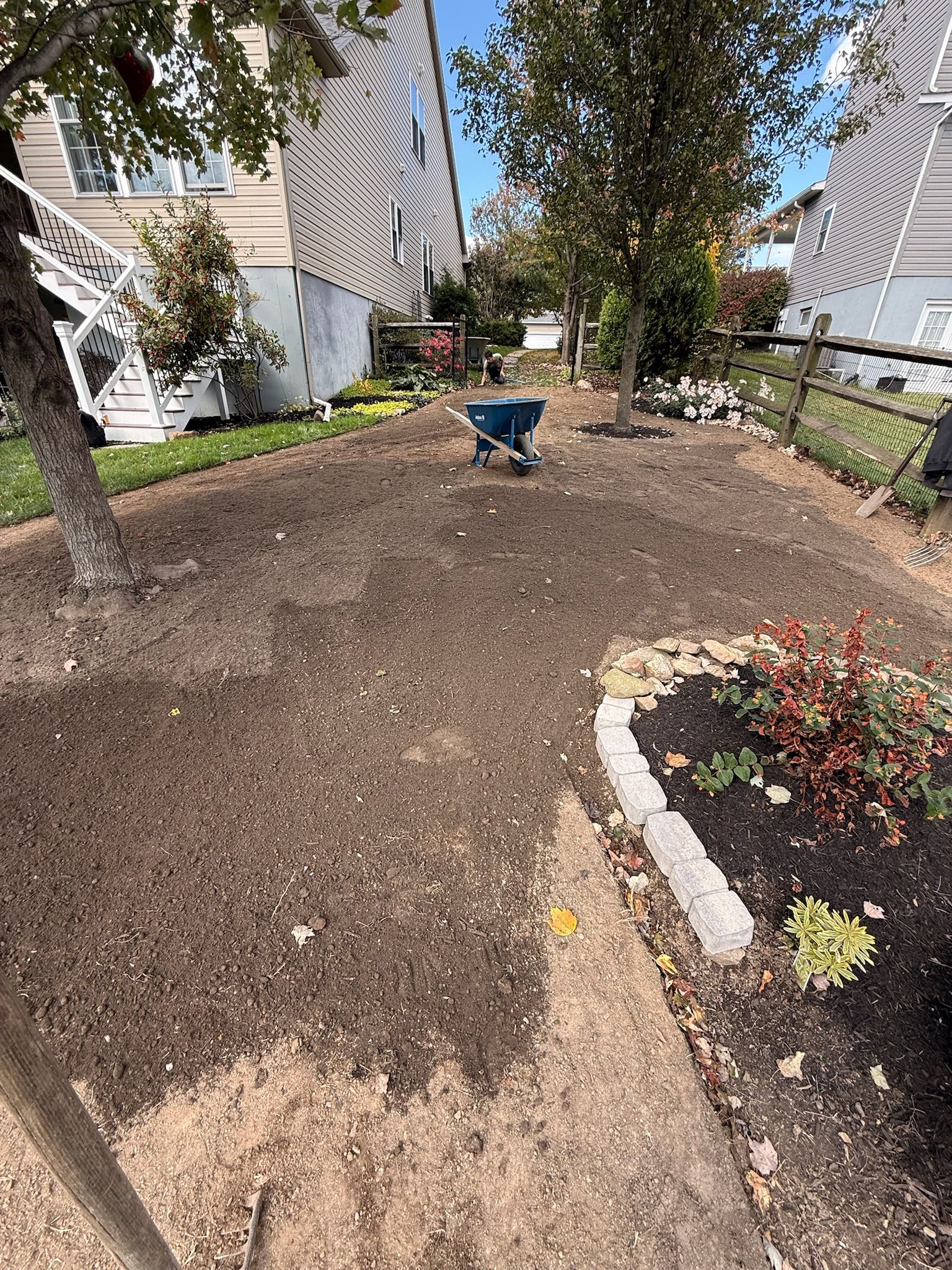 A backyard with fresh brown mulch spread across the ground, a blue wheelbarrow in the distance, and a stone-bordered bed.