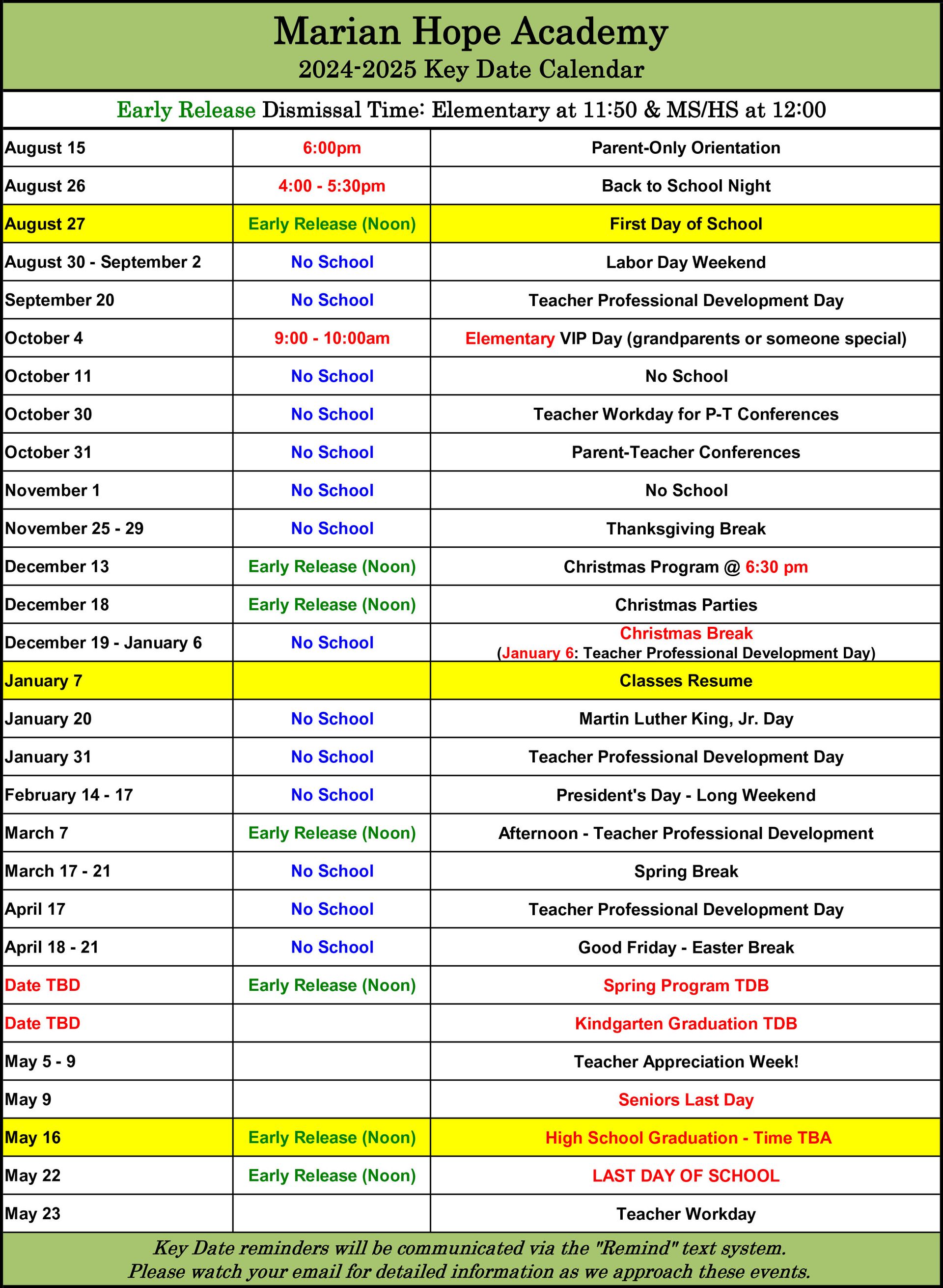 Calendar of Events Marian Hope Academy