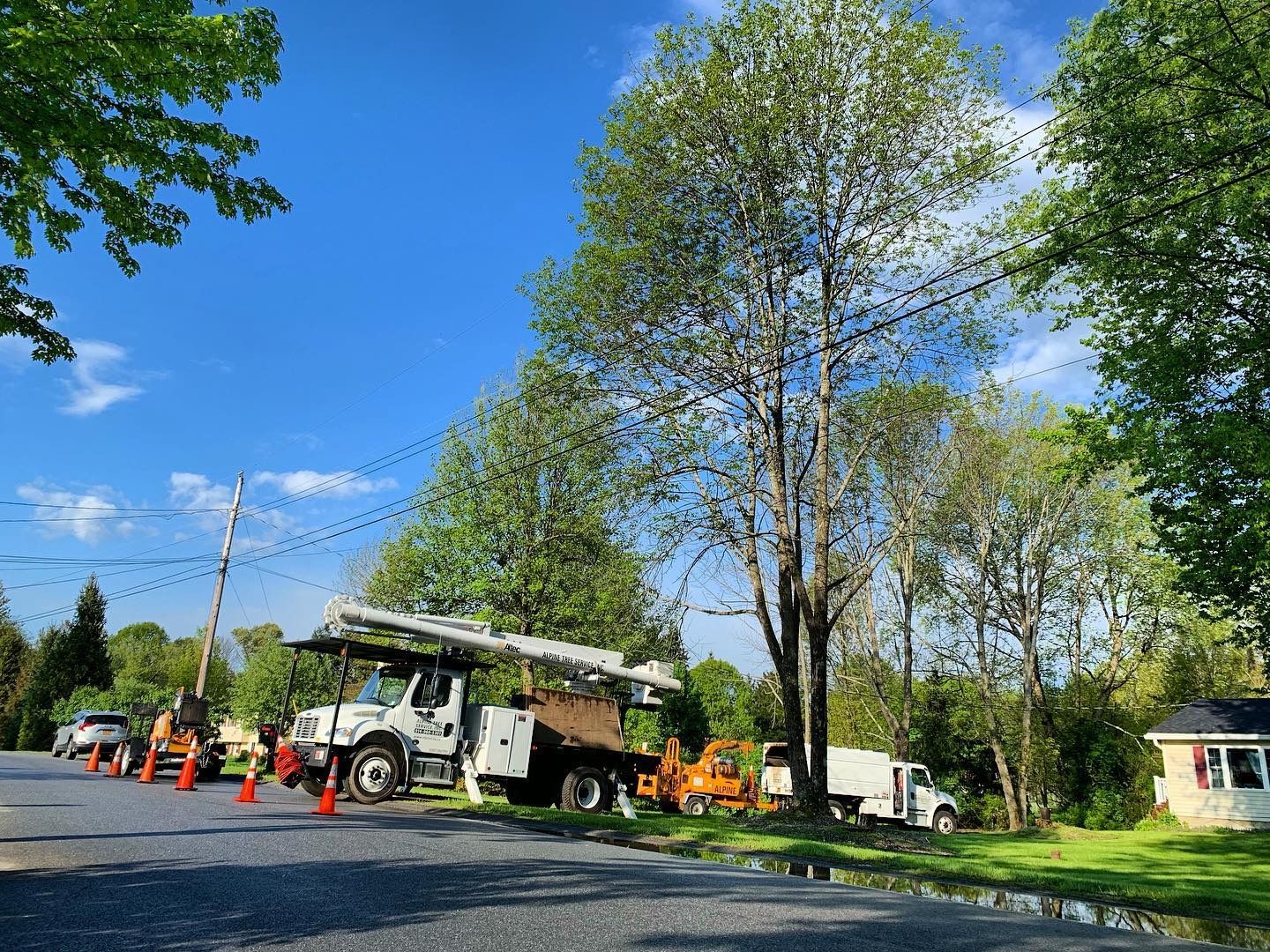 A utility truck with an extended boom and safety cones parked on a street near trees under a clear blue sky.