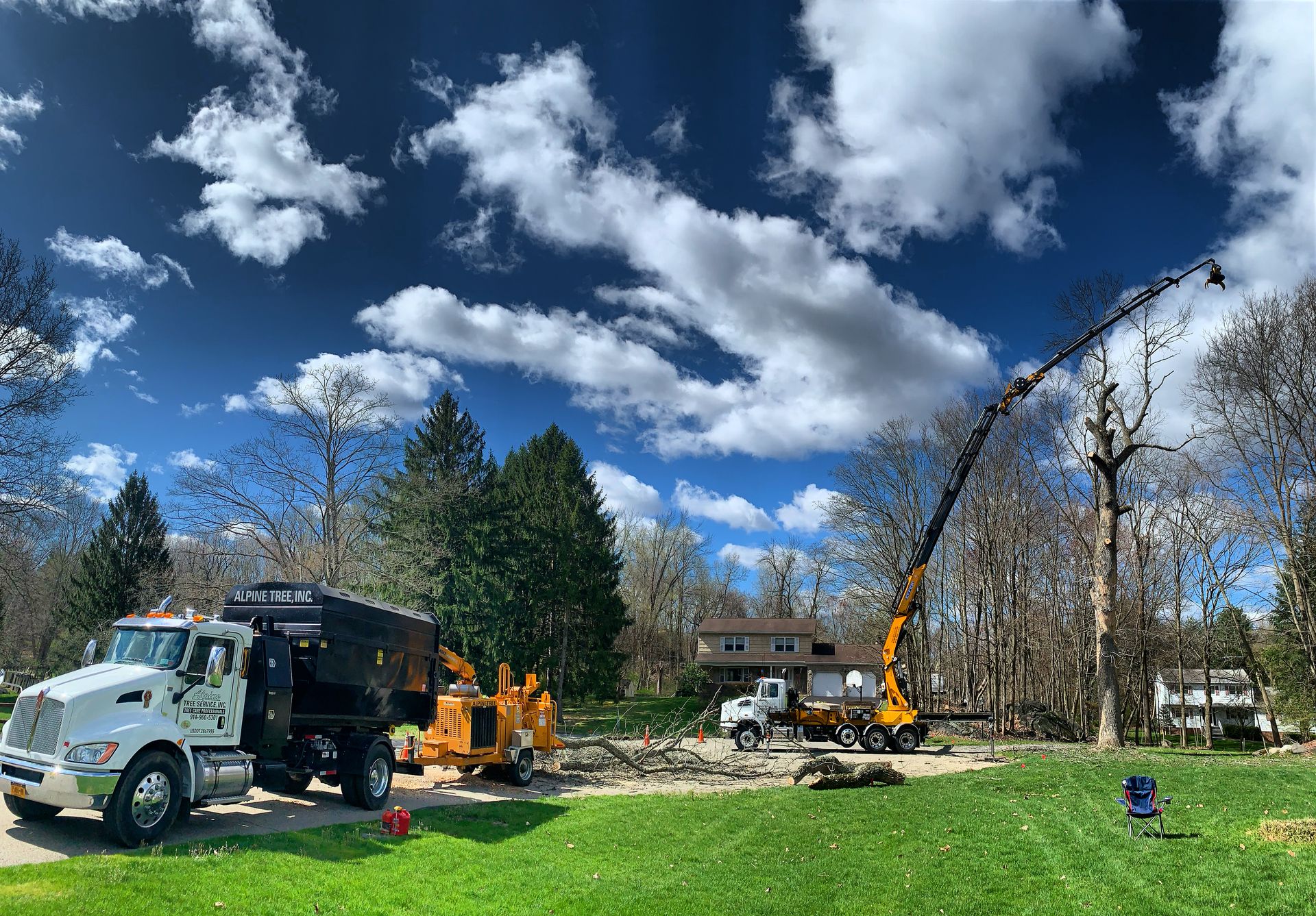 A white dump truck and a yellow crane work in a residential yard to clear tree limbs under a bright, cloudy blue sky.