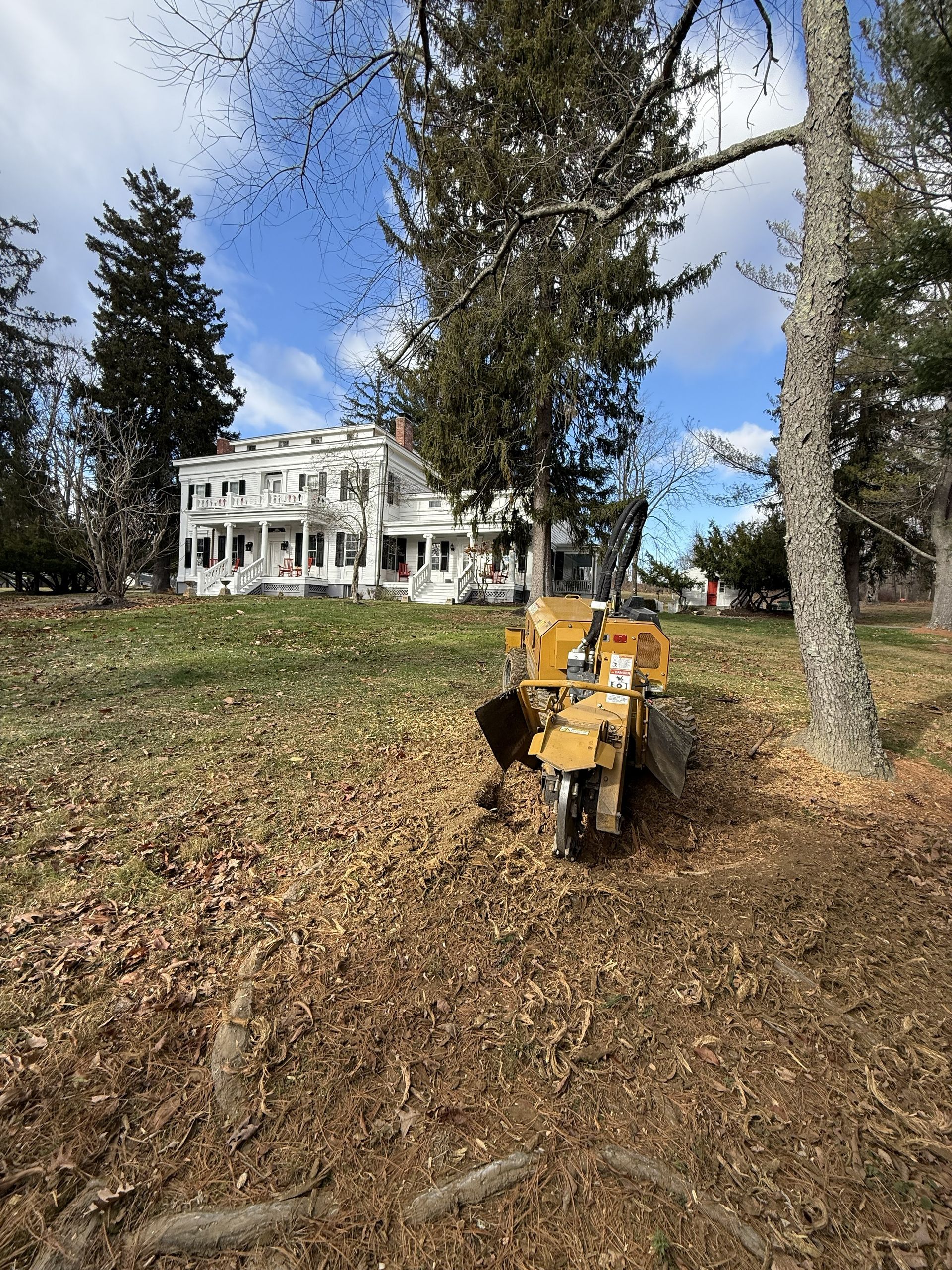 A yellow stump grinder sits on a grassy, leaf-covered slope in front of a white two-story house under a blue sky.