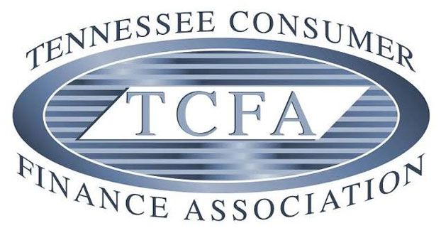 Logo for Tennessee Consumer Finance Association with blue oval and white TCFA initials