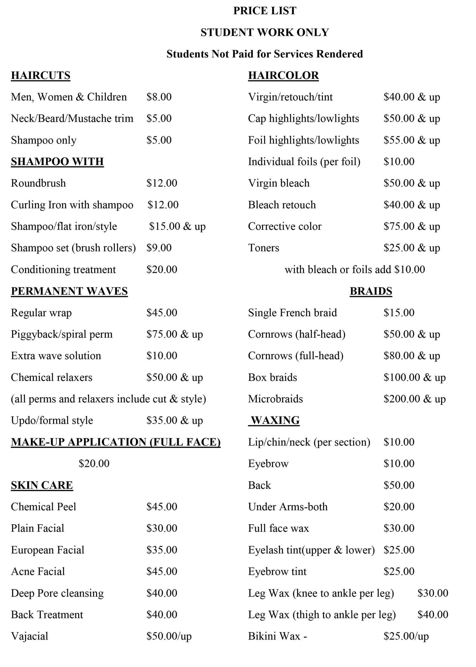 CLINIC PRICE LIST Huntington School Of Beauty Culture