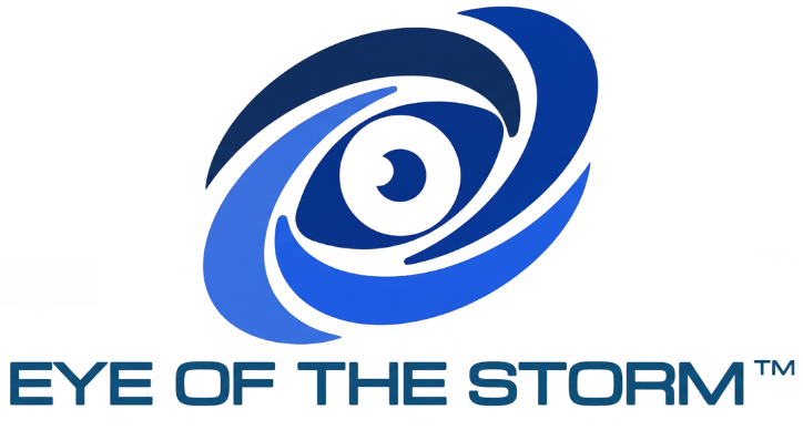 Blue spiral eye logo with the text “EYE OF THE STORM” underneath.