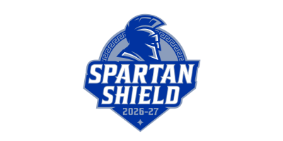 Blue Spartan Shield logo with helmet and SPARTAN SHIELD 2026-27 text