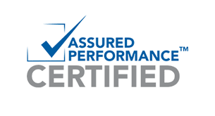 A logo for assured performance certified with a check mark