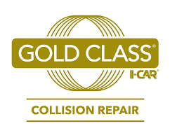A gold class collision repair logo on a white background