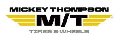 Mickey Thompson Tires & Wheels logo with black text and yellow winged accents on a white background
