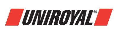 UNIROYAL logo in black italics with red slanted blocks on a white background
