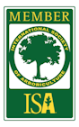 Green and gold ISA Certified Arborist logo with leaf graphic
