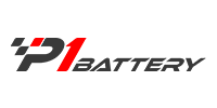 Logo: P1 Battery, black and red text, checkered flag graphic.