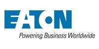 The eaton logo is blue and white and says powering business worldwide.