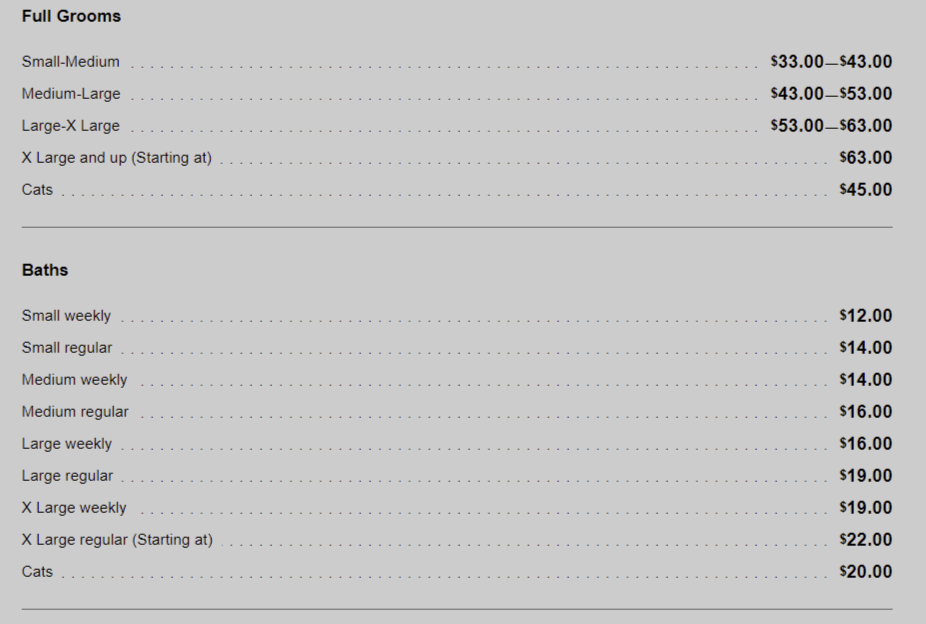 Services and Prices Puppy Love Pet Grooming Grooms, Baths and Extras