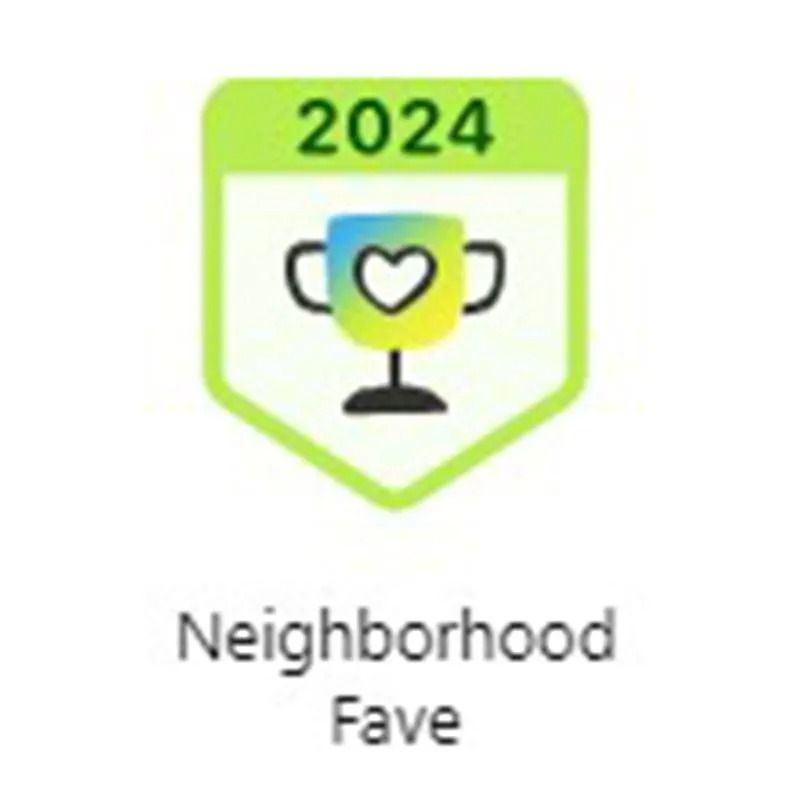 Neighborhood Fave 2024 badge with a trophy containing a heart on a green and white background.
