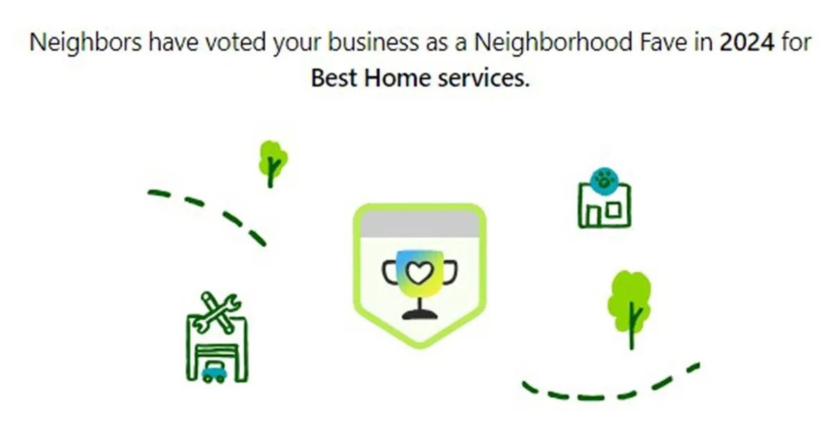 Neighborhood Fave award graphic for Best Home services in 2024. Features a trophy icon and neighborhood elements in green.