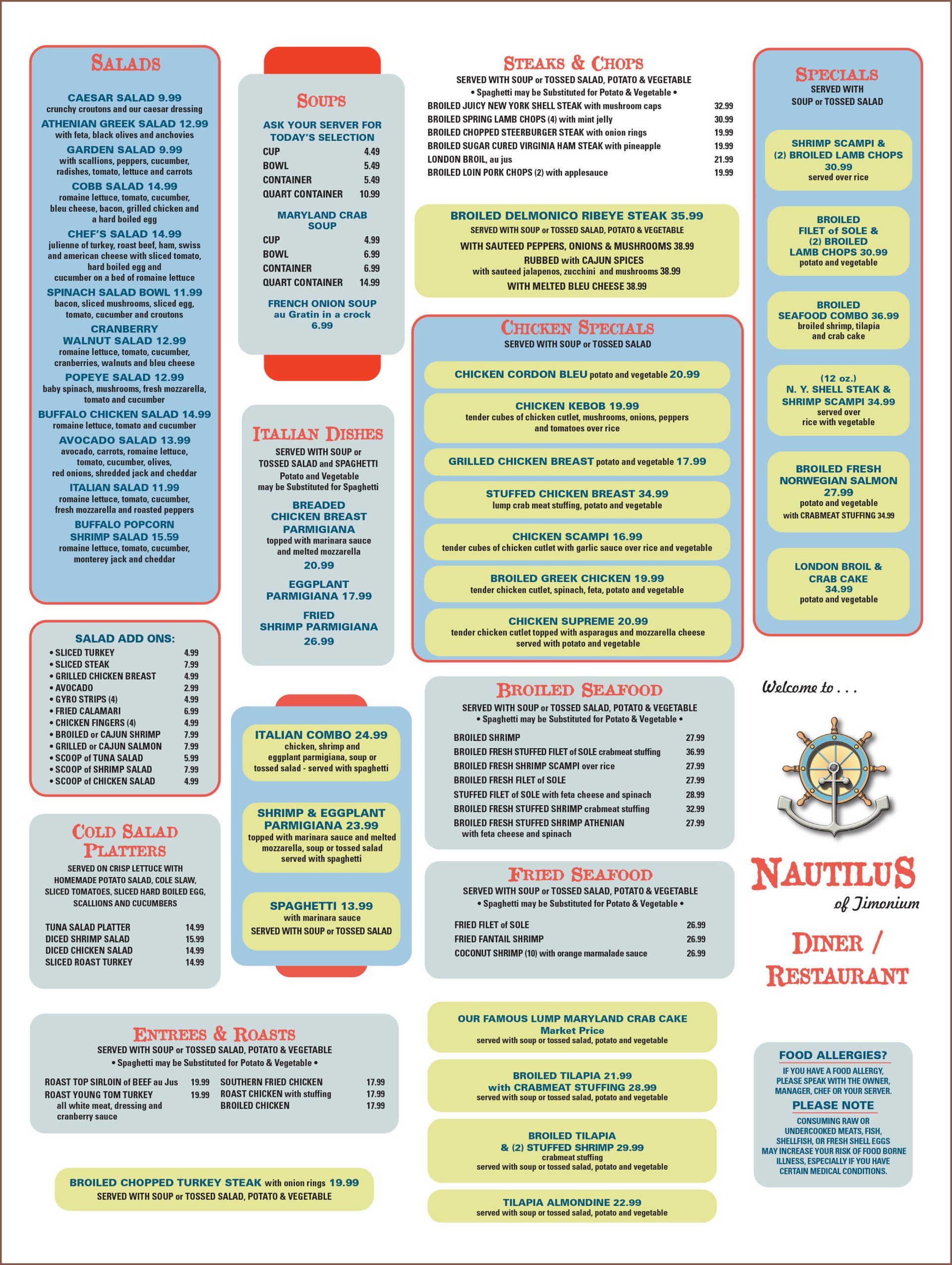 Nautilus DinerRestaurant Timonium Menu Timonium, MD