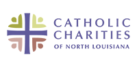 Catholic Charities of North Louisiana logo with purple and green cross emblem