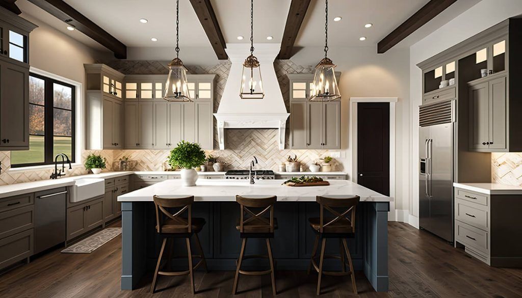 A modern, spacious kitchen featuring a large dark blue island with stools, light gray cabinetry, and a white range hood.