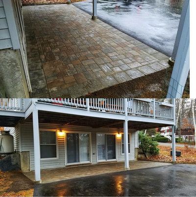 Top: brick patio and asphalt in the rain. Bottom: patio beneath a house, glass doors, and lights.