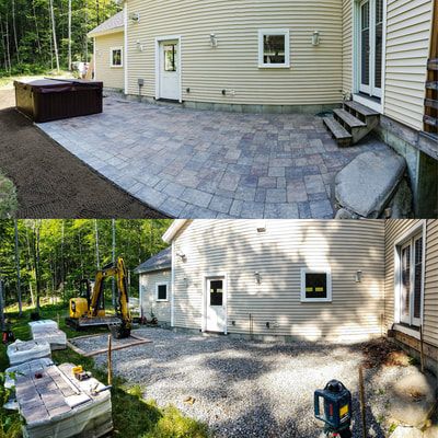 Top: Finished patio with pavers. Bottom: Construction site with excavator and pavers.