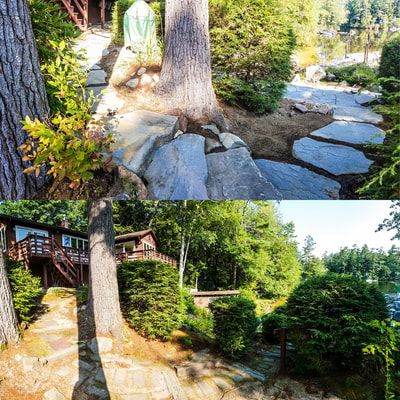 Two images of a lake house with stone steps, a path, and a waterfront. Lush green trees surround the property.