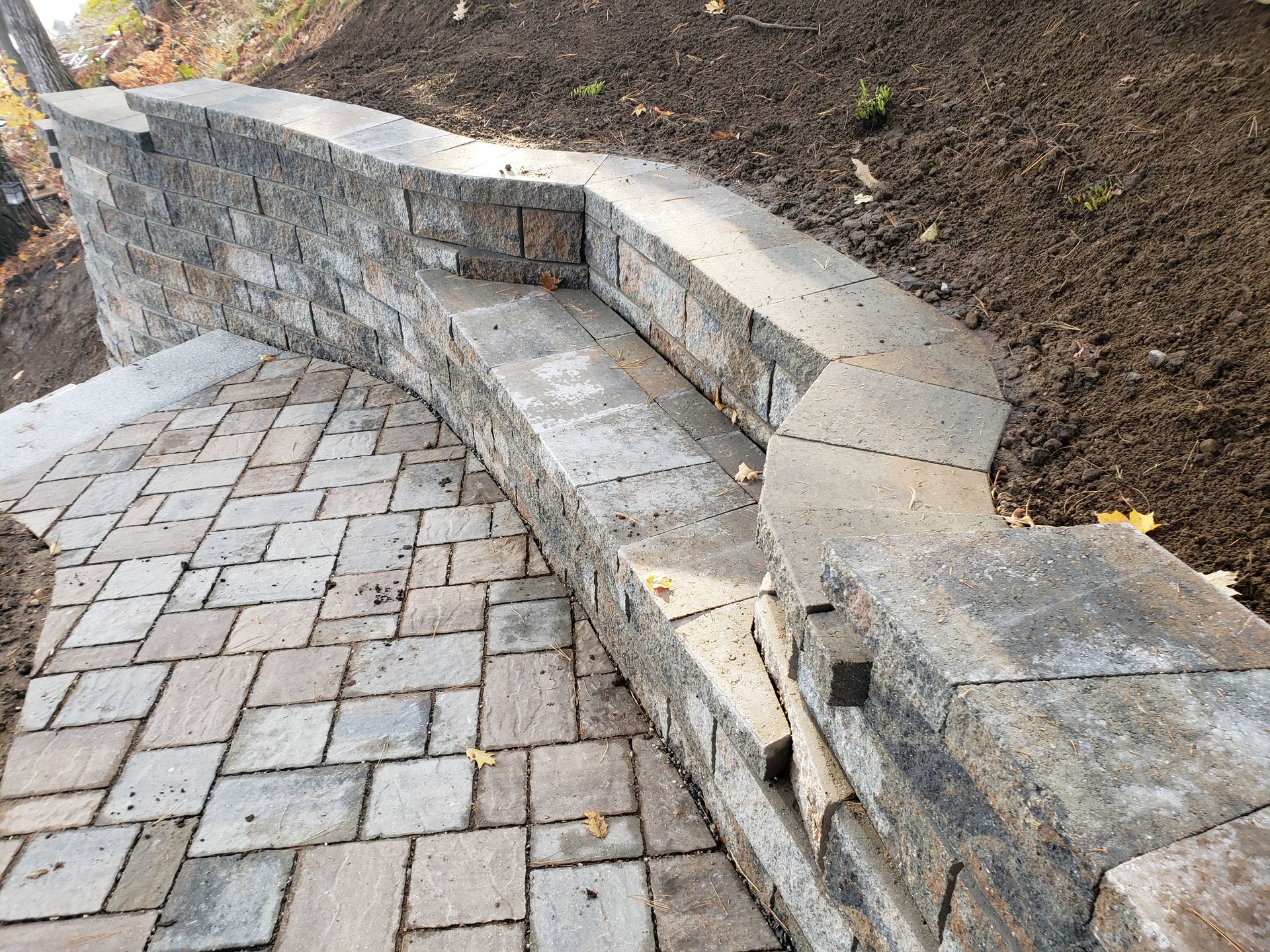 Stone pathway with retaining wall and steps leading up.