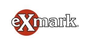 Exmark logo with white text on a red circle, the rest is black.