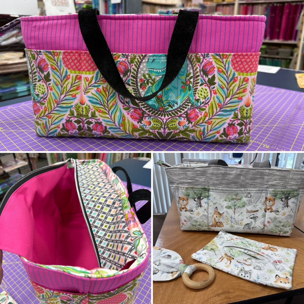 Three images of a handmade tote bag in different styles and patterns. One with pink accents, one zipped open.