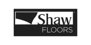 Shaw Floors logo with a dark background and a geometric shape.