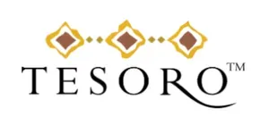 TESORO logo with three gold diamond shapes above the word, and a stylized swoosh below the 