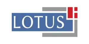 LOTUS logo: blue rectangle with white text and geometric shapes in gray and red.