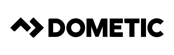 Dometic logo in black with stylized icon on white background