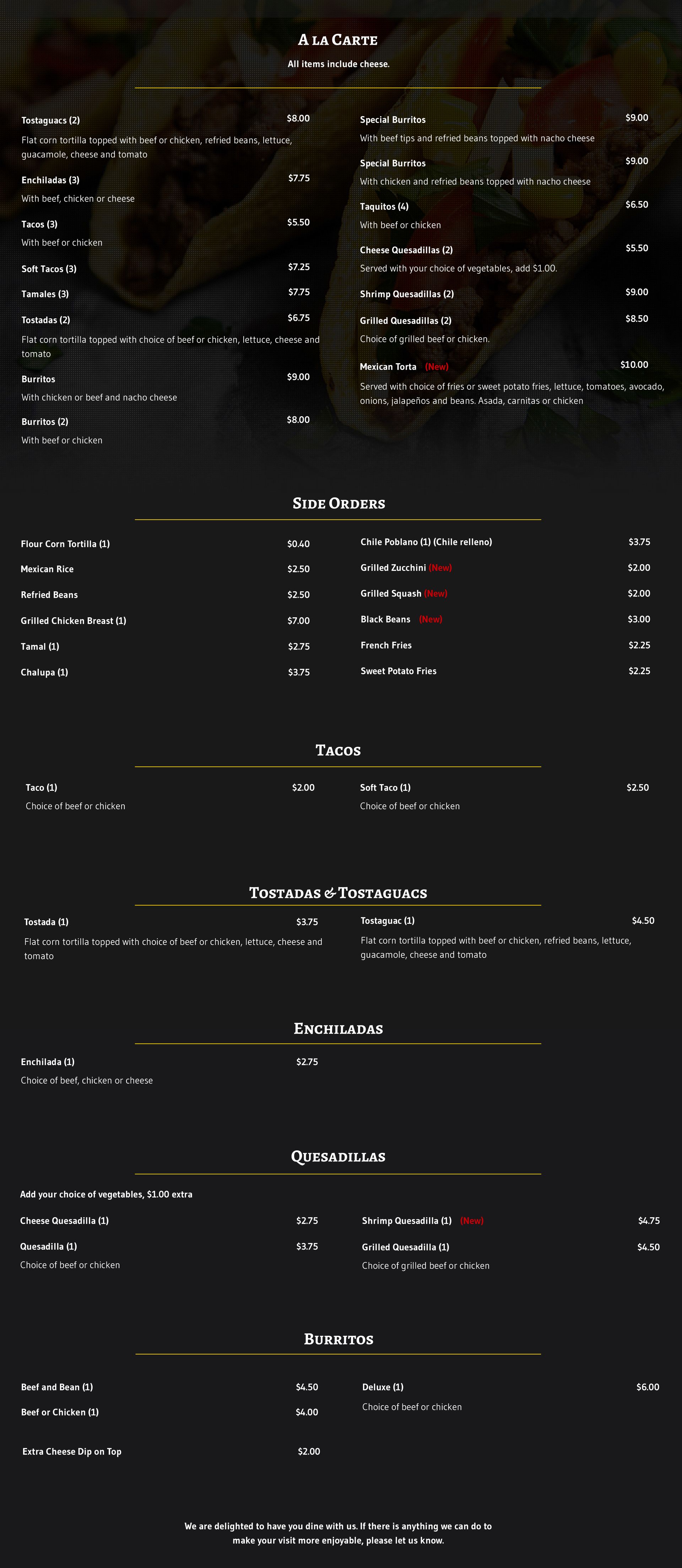 Guayabitos A La Carte and Sides Menu Maggie Valley NC