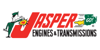 Logo for Jasper Engines & Transmissions: A worker welding a large red 