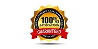 100% satisfaction guaranteed gold seal with black center and red ribbon banner