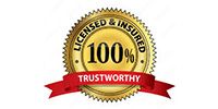 Gold 100% trustworthy badge with red ribbon and “Licensed & Insured” text