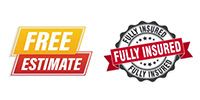 “FREE ESTIMATE” and “FULLY INSURED” badges in orange, yellow, black, and red/white.