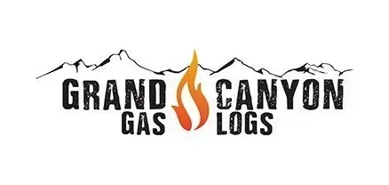 Logo for Grand Canyon Gas Logs with a flame graphic and mountain backdrop.