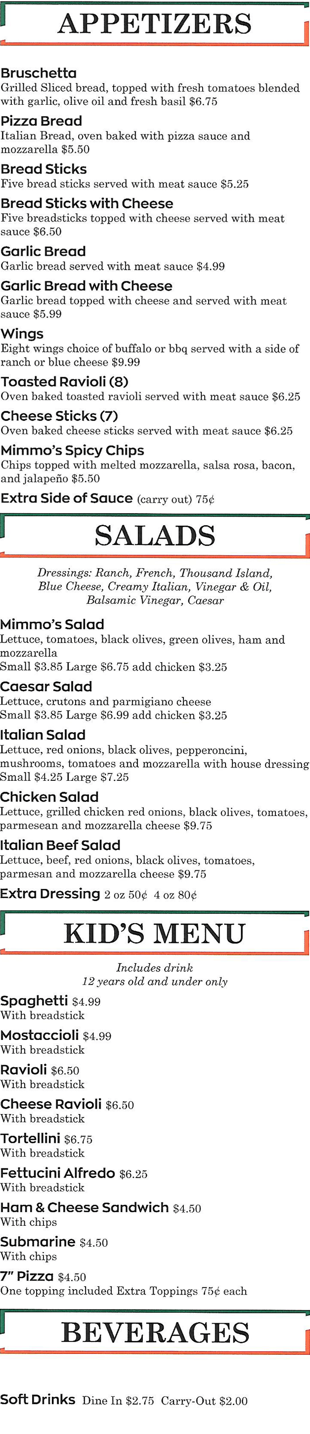 Mimmo's Pizza Menu Carterville, IL