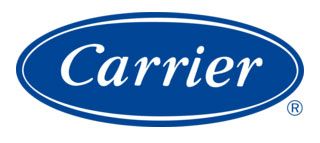 Carrier logo in white script on a blue oval background