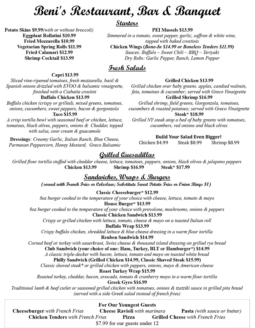 Beni's Restaurant, Bar & Banquet Current Dining Menu Vernon Rockville