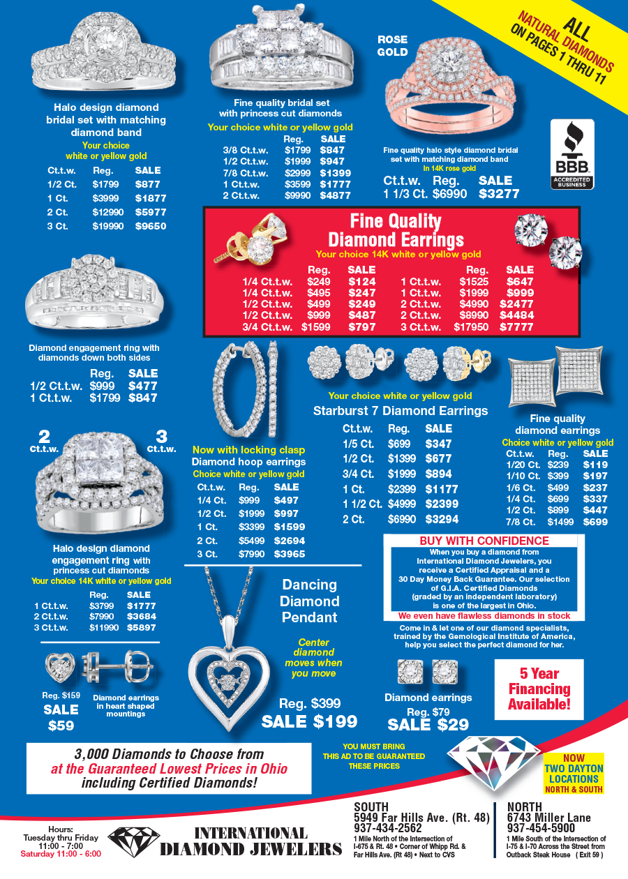 Blue jewelry sale flyer with diamond rings, necklaces, earrings, and prices on a red and white layout