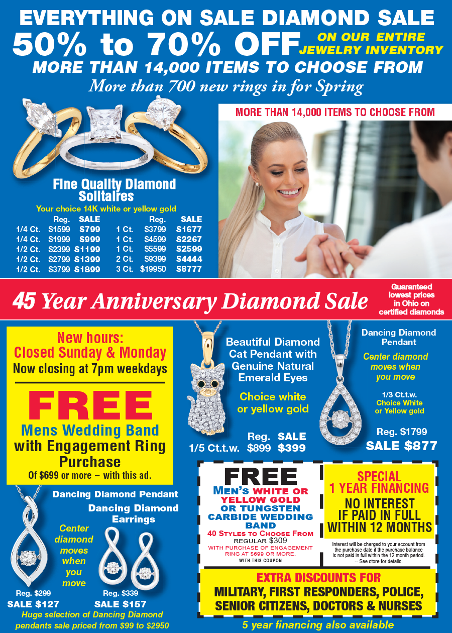 Diamond sale flyer with blue background, multiple jewelry offers, and a smiling woman model in a white necklace